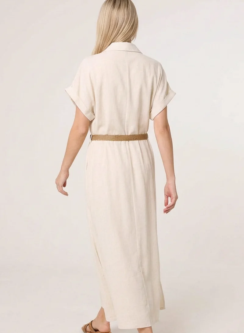 Blue Vanilla Linen Belted Dress With Feather Embroidery